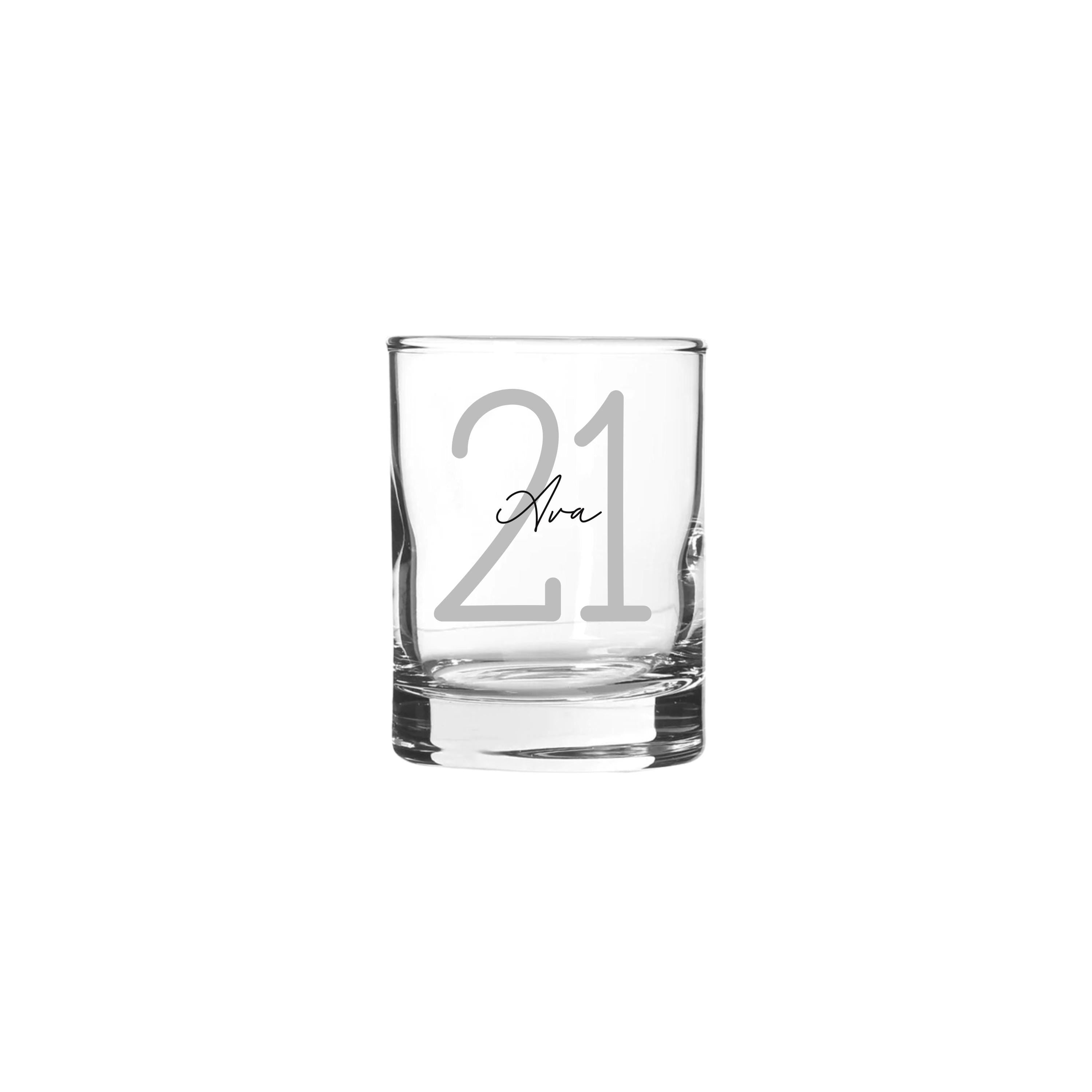 Personalised 65ml shot glass with silver number 21 and name Ava, custom 21st birthday gift for her or him, handmade personalised gift Australia