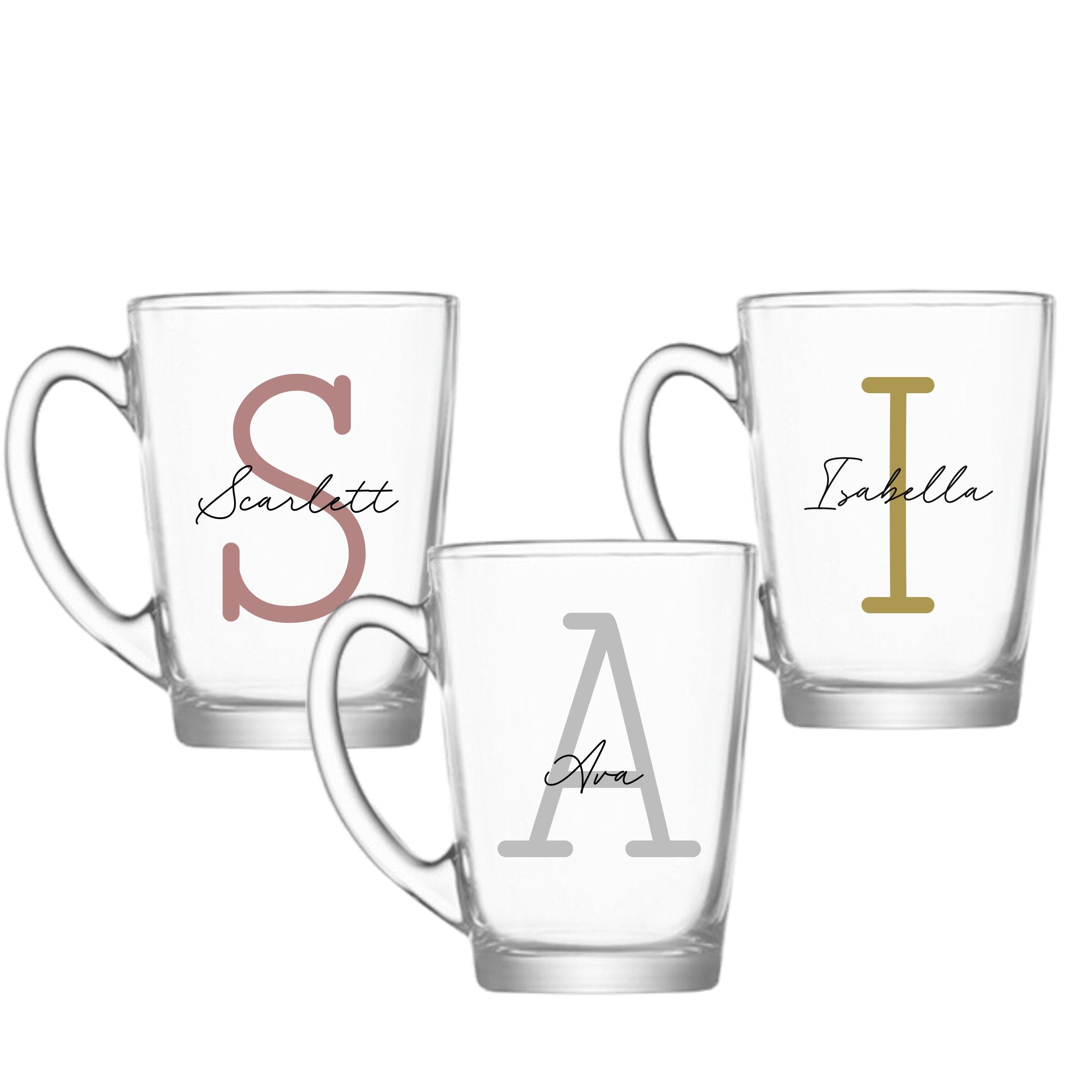 Set of personalised glass mugs with names Scarlett, Ava, Isabella, handmade birthday gifts for her or him, custom co-worker or office gifts Australia