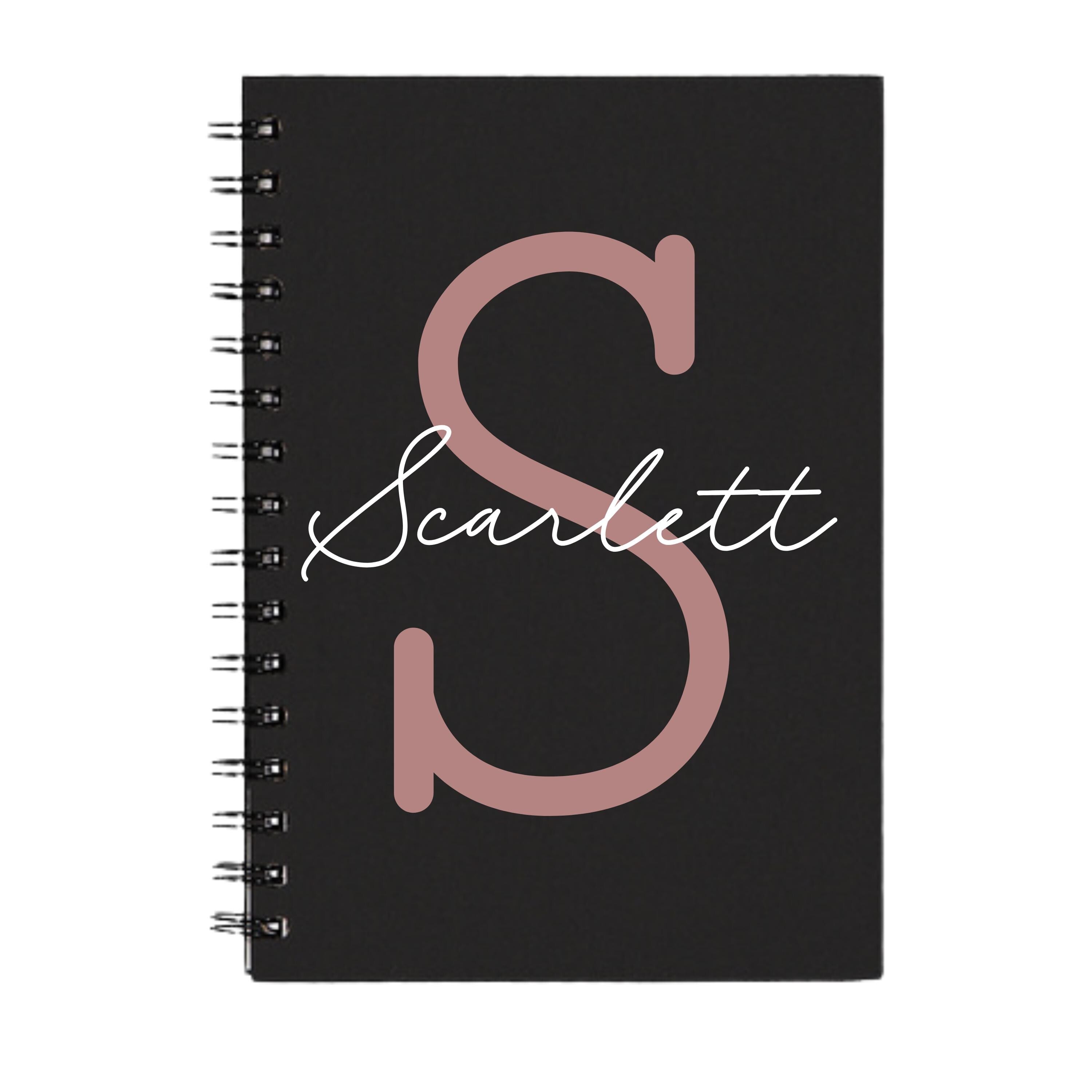 Black A5 personalised spiral notebook with rose gold S initial and name Scarlett – custom gift for her.