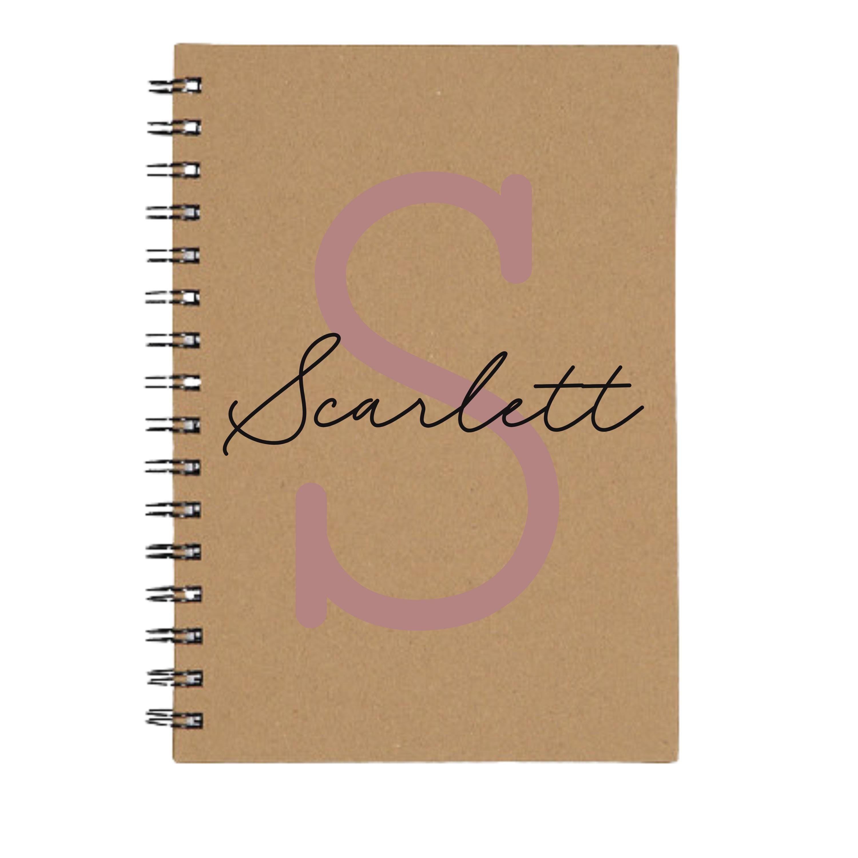 A5 personalised brown spiral notebook with large S initial and name Scarlett – kraft cover journal.