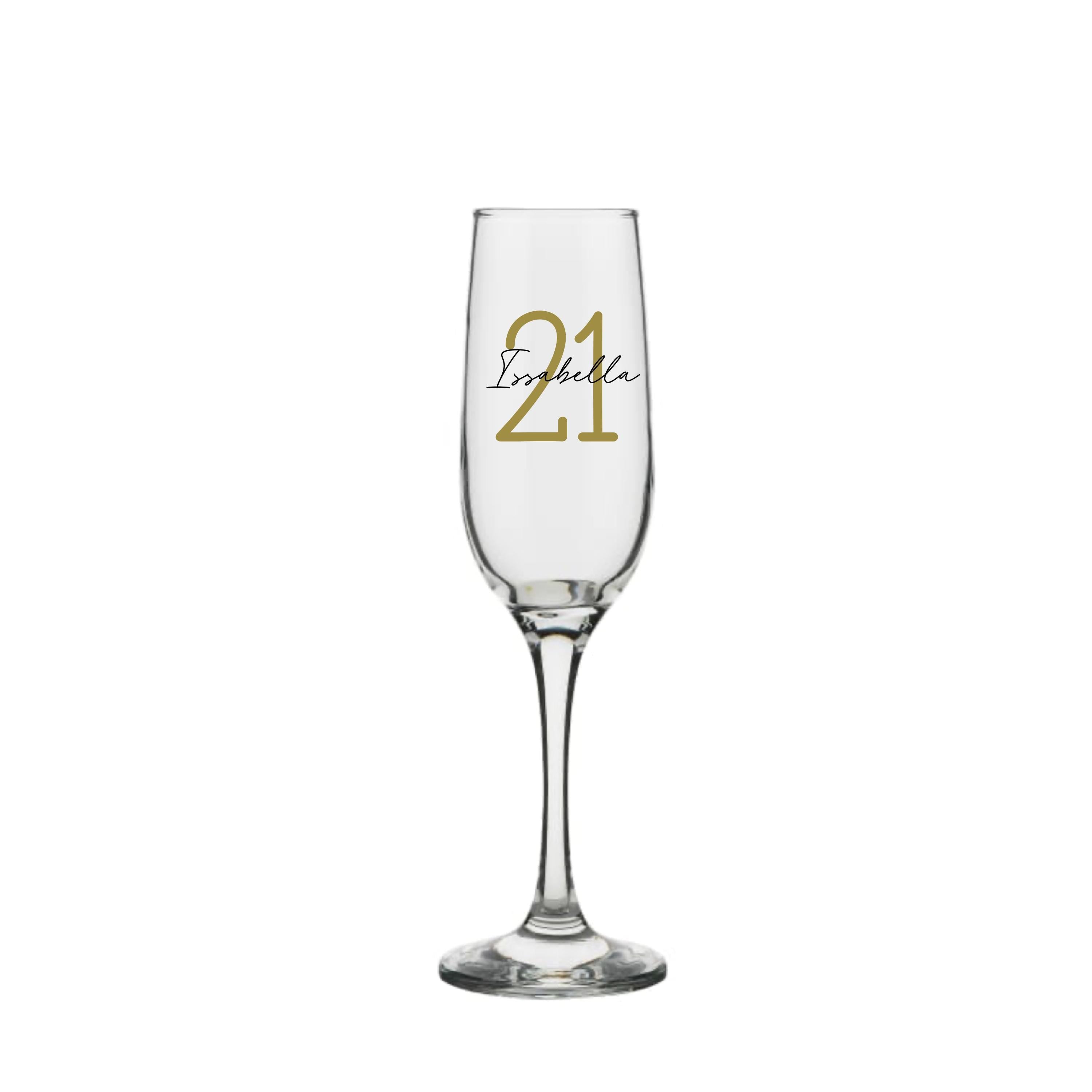 Personalised champagne glass with gold number 21 and name Isabella, custom 21st birthday gift for her or him, handmade personalised gift Australia