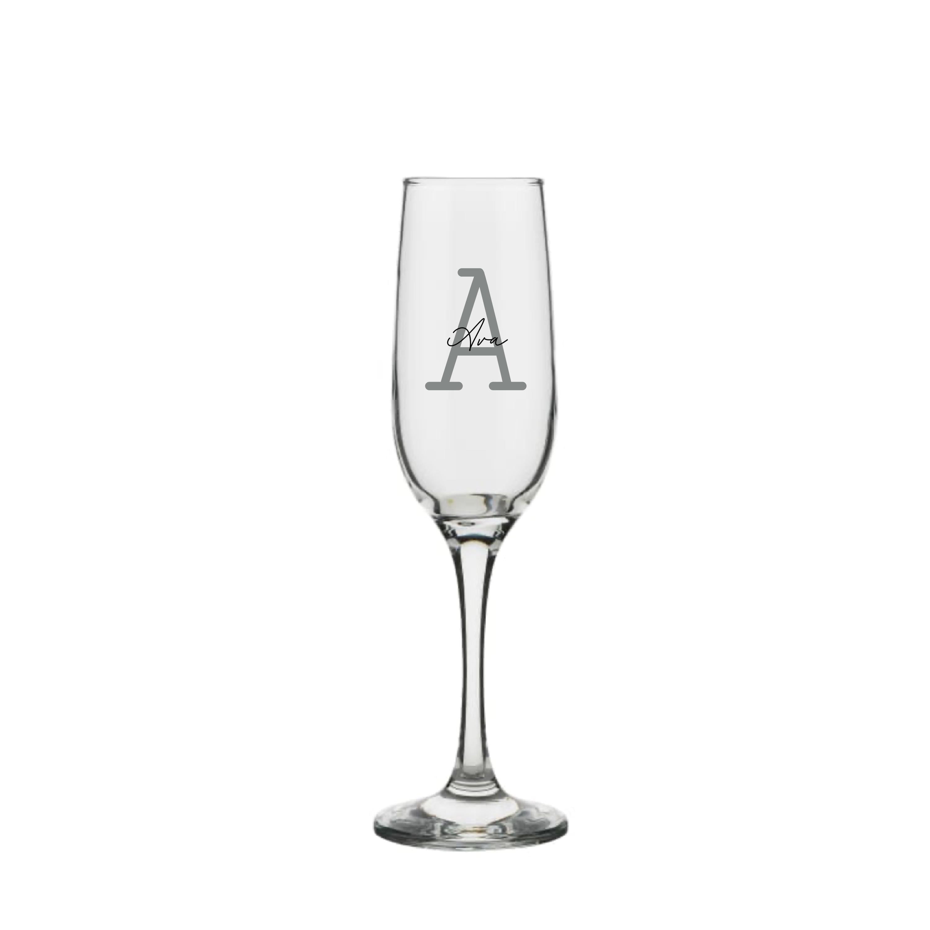 Personalised champagne glass with silver letter A and name Ava, handmade custom birthday gift for her or him, unique personalised gift Australia