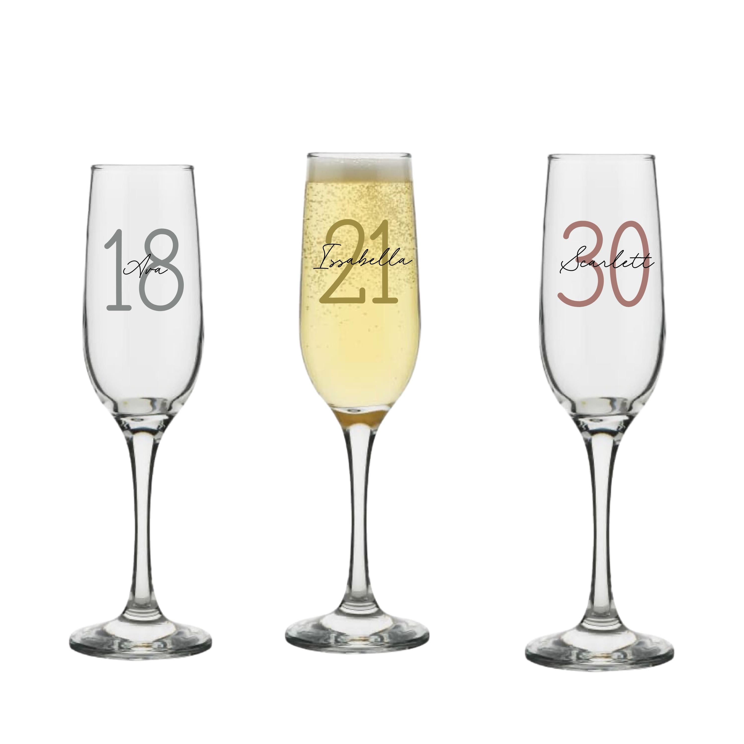 Set of personalised champagne glasses for 18th, 21st, and 30th birthdays, custom handmade milestone birthday gifts for her or him, personalised gift Australia