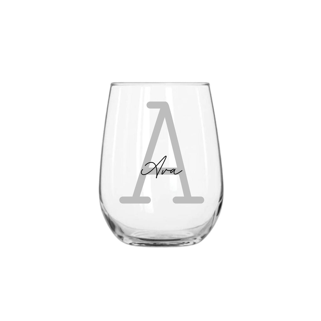 Custom personalised 360ml stemless wine glass with grey letter A and name Ava, unique personalised wineglass, birthday gift for her or him