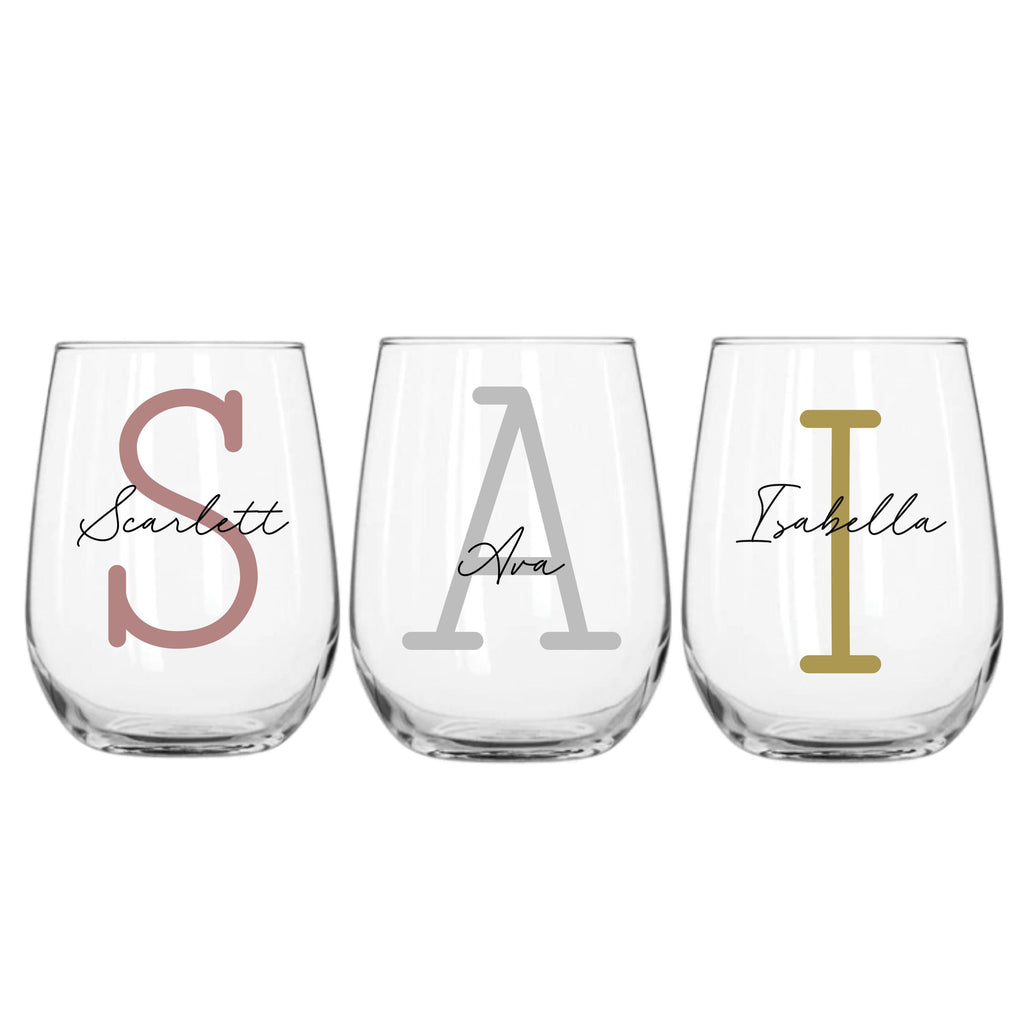 Set of three personalised 360ml stemless wine glasses with names Scarlett, Ava, Isabella, custom birthday gifts for her or him, personalised wineglass Australia