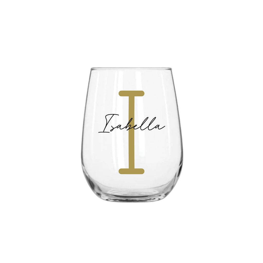 Personalised handmade 475ml stemless wine glass with gold letter I and name Isabella, perfect wineglass gift for her, personalised gift Australia
