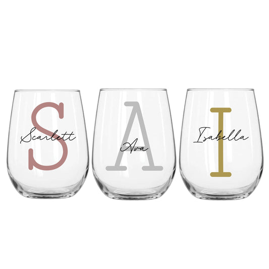 Personalised Name and Large Initial 475ml Stemless Wine Glass | Personalised Name and Age Wine Glass | Birthday Milestone | Wedding Gift