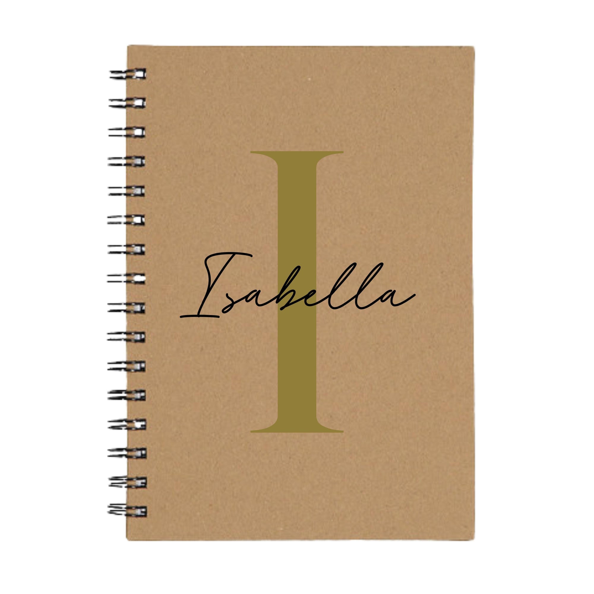 Personalised kraft A5 notebook with gold I initial and name Isabella – handmade spiral journal.