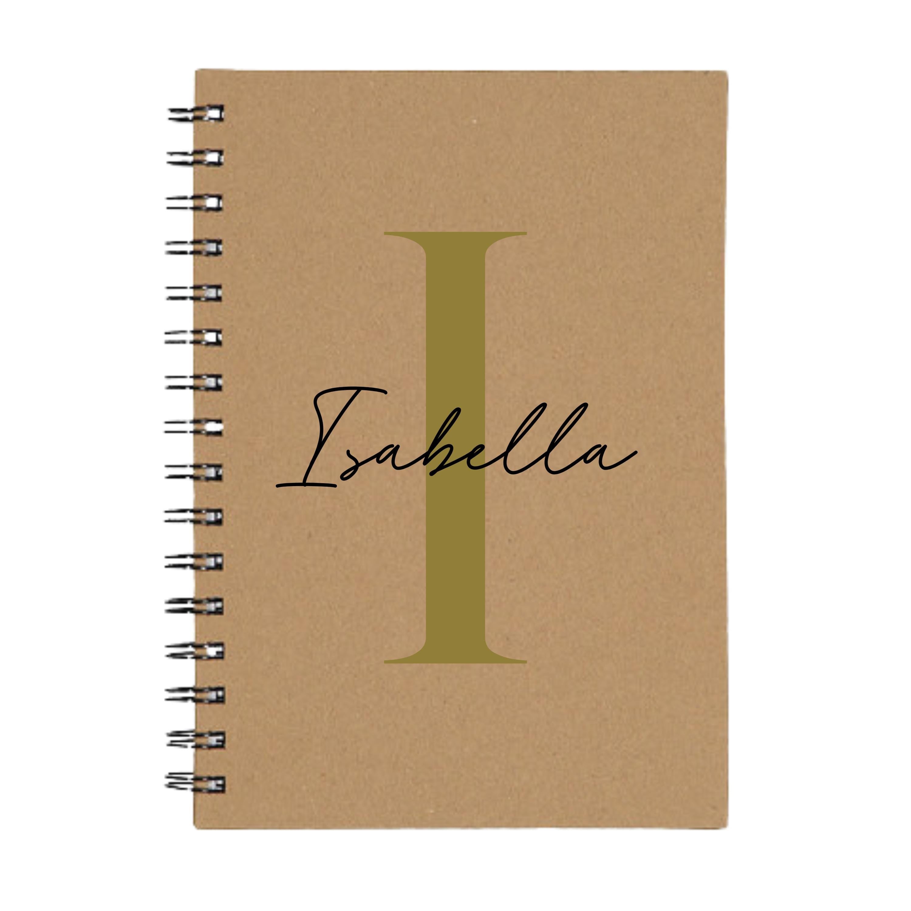 Personalised kraft A5 notebook with gold I initial and name Isabella – handmade spiral journal.