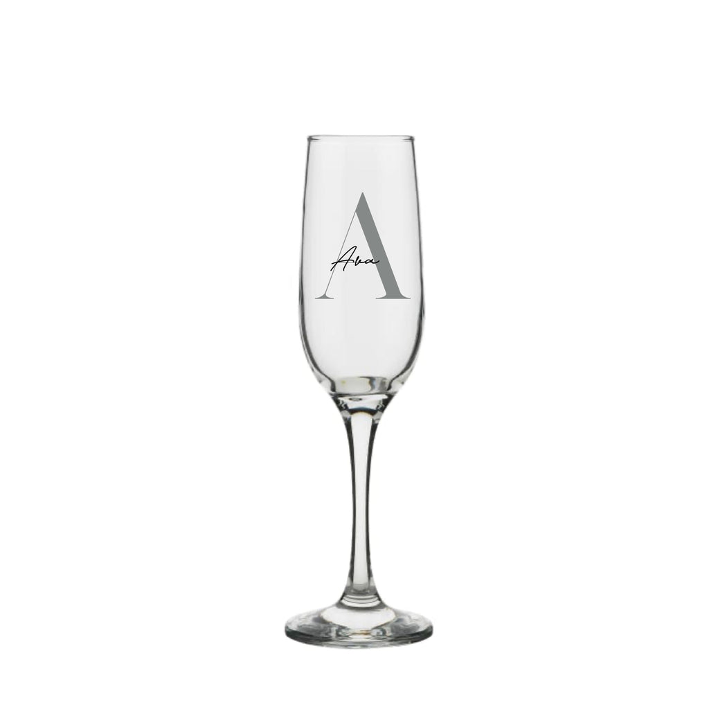 Personalised champagne glass with silver letter A and name Ava, handmade custom birthday gift for her or him, unique personalised gift Australia