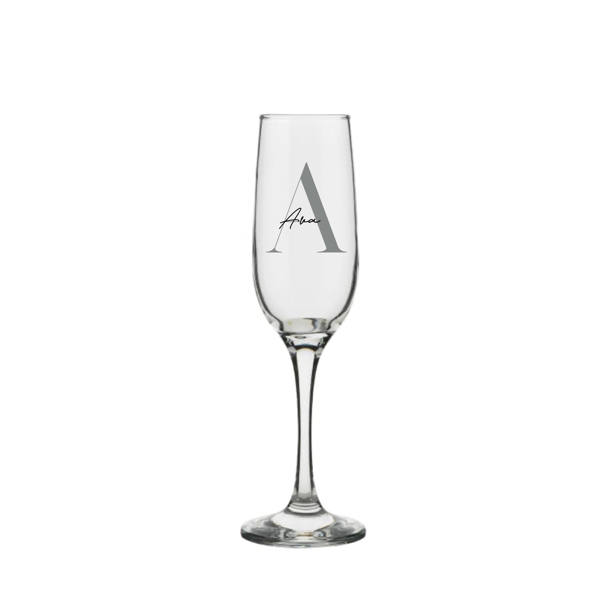 Personalised champagne glass with silver letter A and name Ava, handmade custom birthday gift for her or him, unique personalised gift Australia
