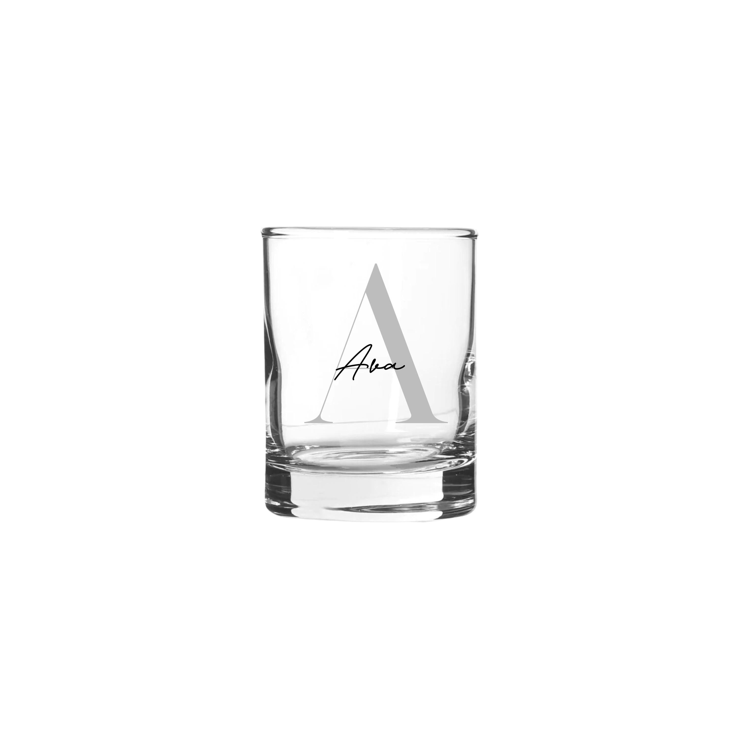 Personalised 65ml shot glass with silver letter A and name Ava, custom handmade shot glass, perfect birthday gift for her or him, milestone gift Australia