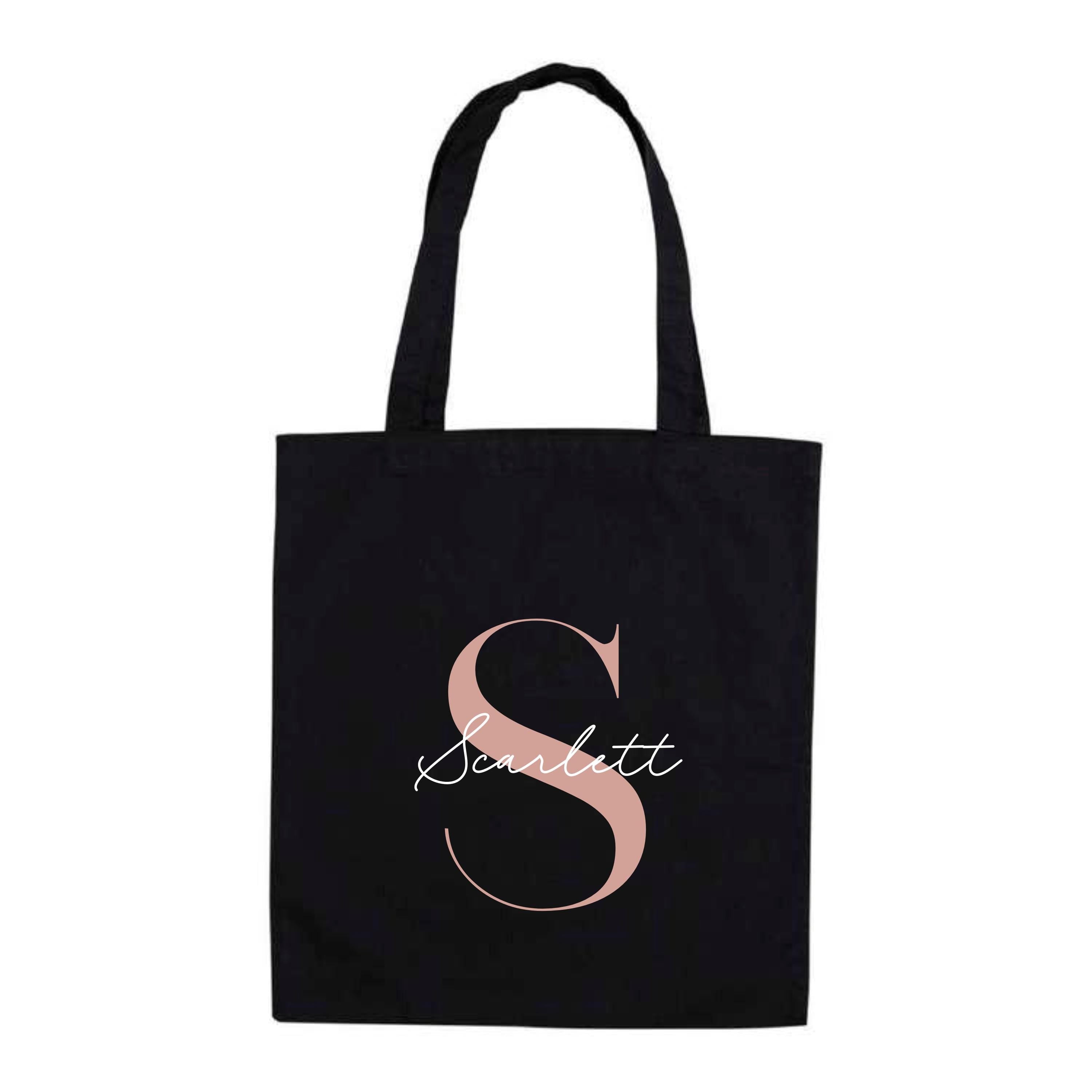 Black personalised tote bag with rose gold letter S and name "Scarlett" – eco-friendly cotton gift bag with custom initial.