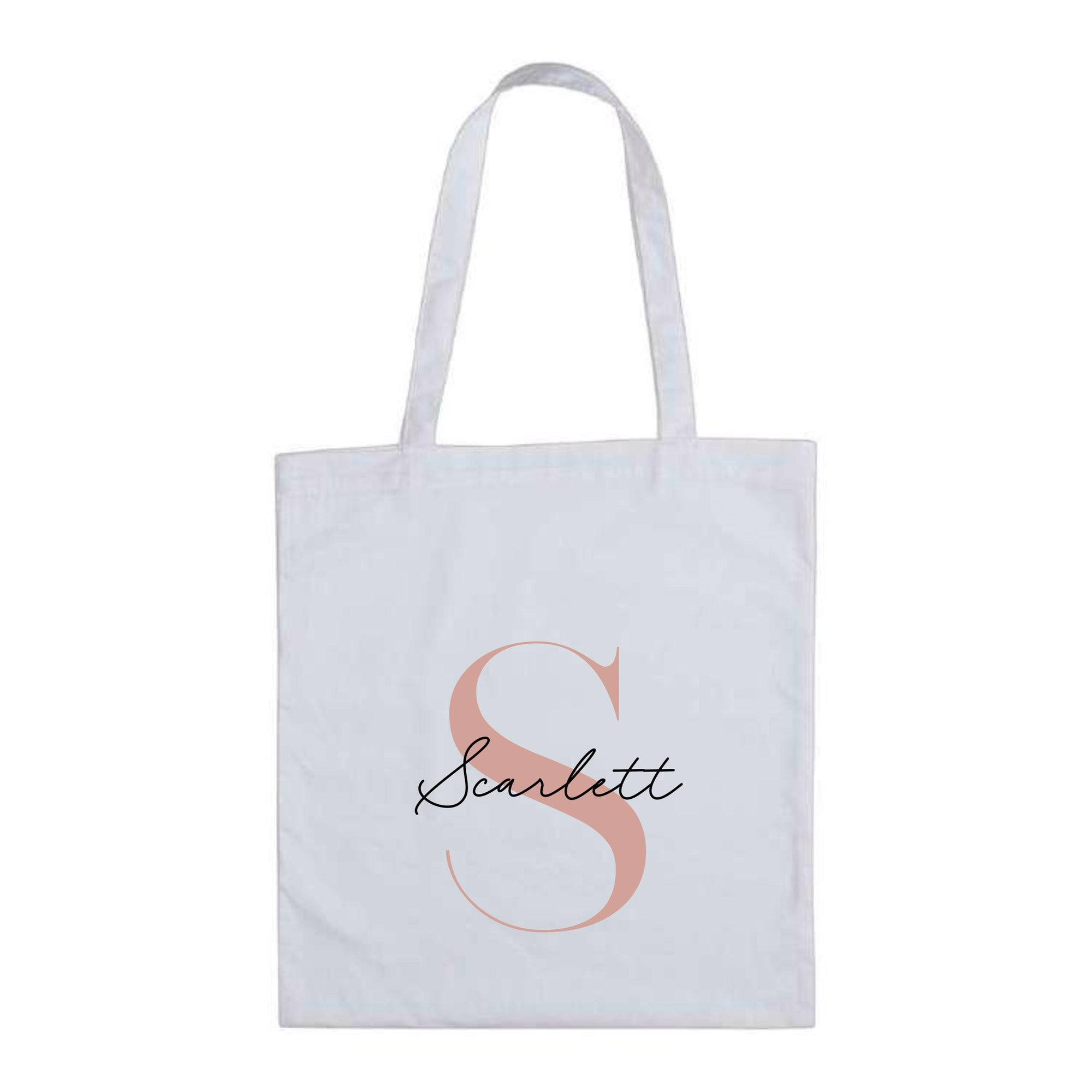 White cotton tote bag with rose gold letter S and the name "Scarlett" – custom reusable personalised initial tote bag