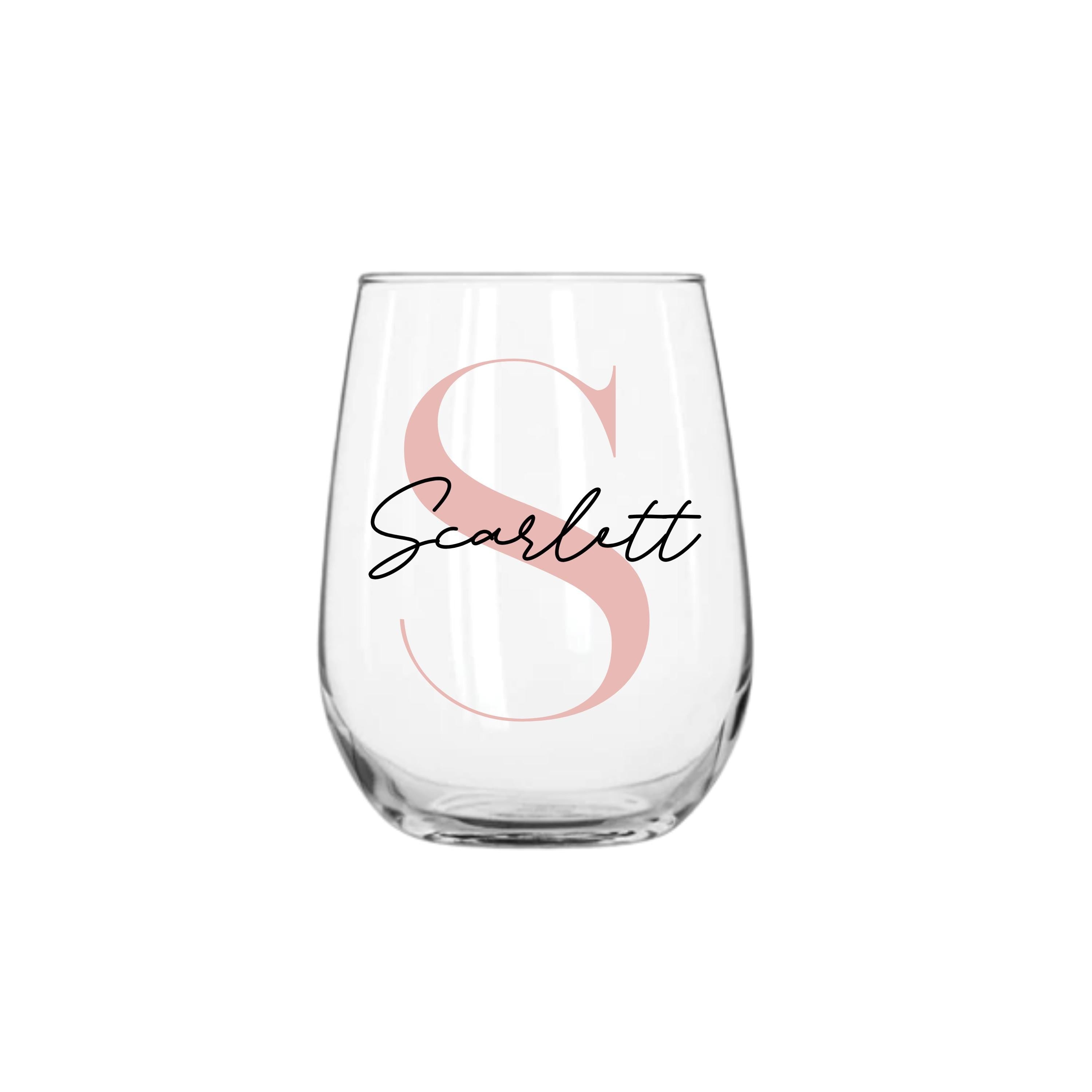 Personalised 475ml stemless wine glass with blush pink letter S and name Scarlett, custom wineglass gift for her, handmade personalised gift Australia