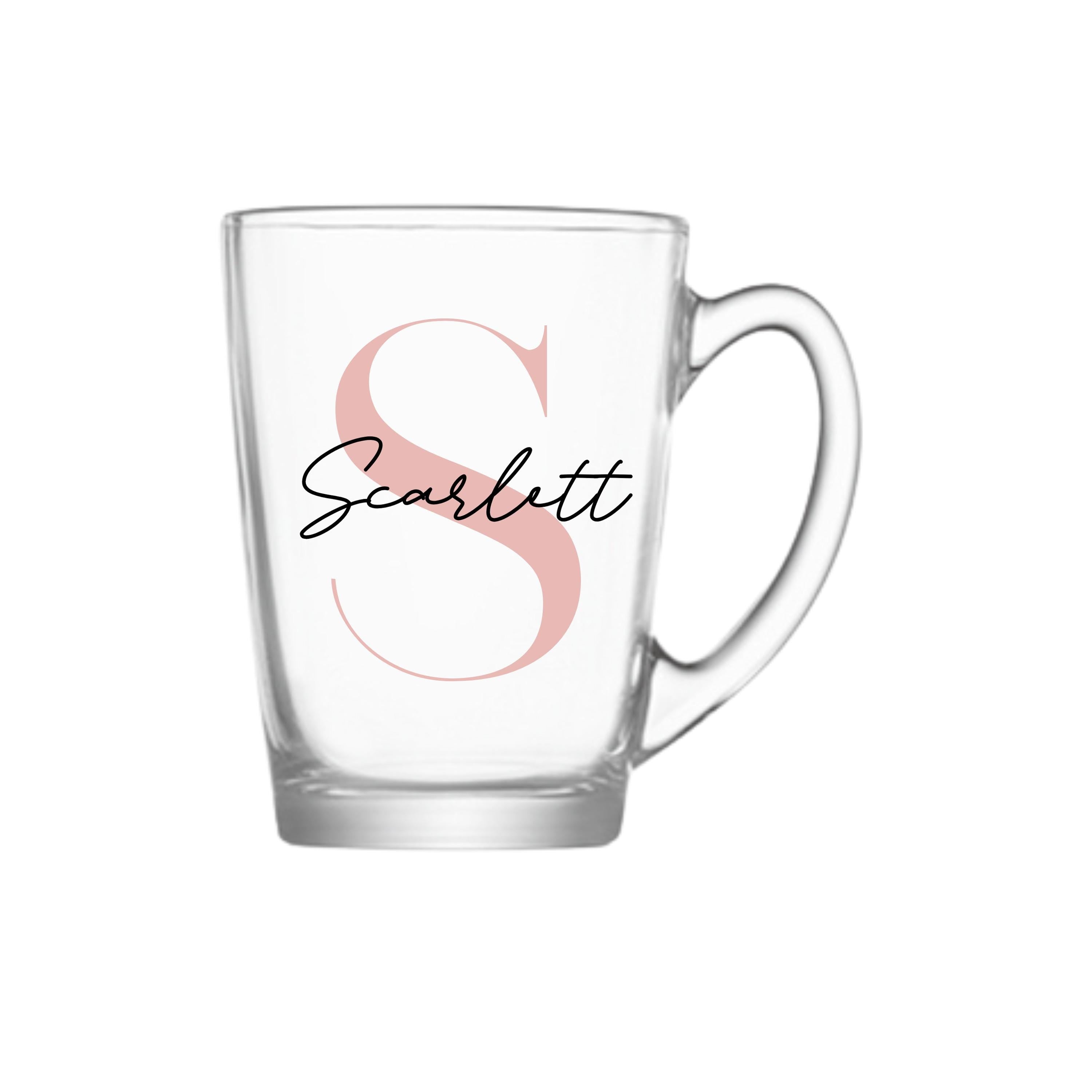 Personalised glass mug with rose gold letter S and name Scarlett, handmade birthday gift for her or him, custom co-worker or office gift Australia