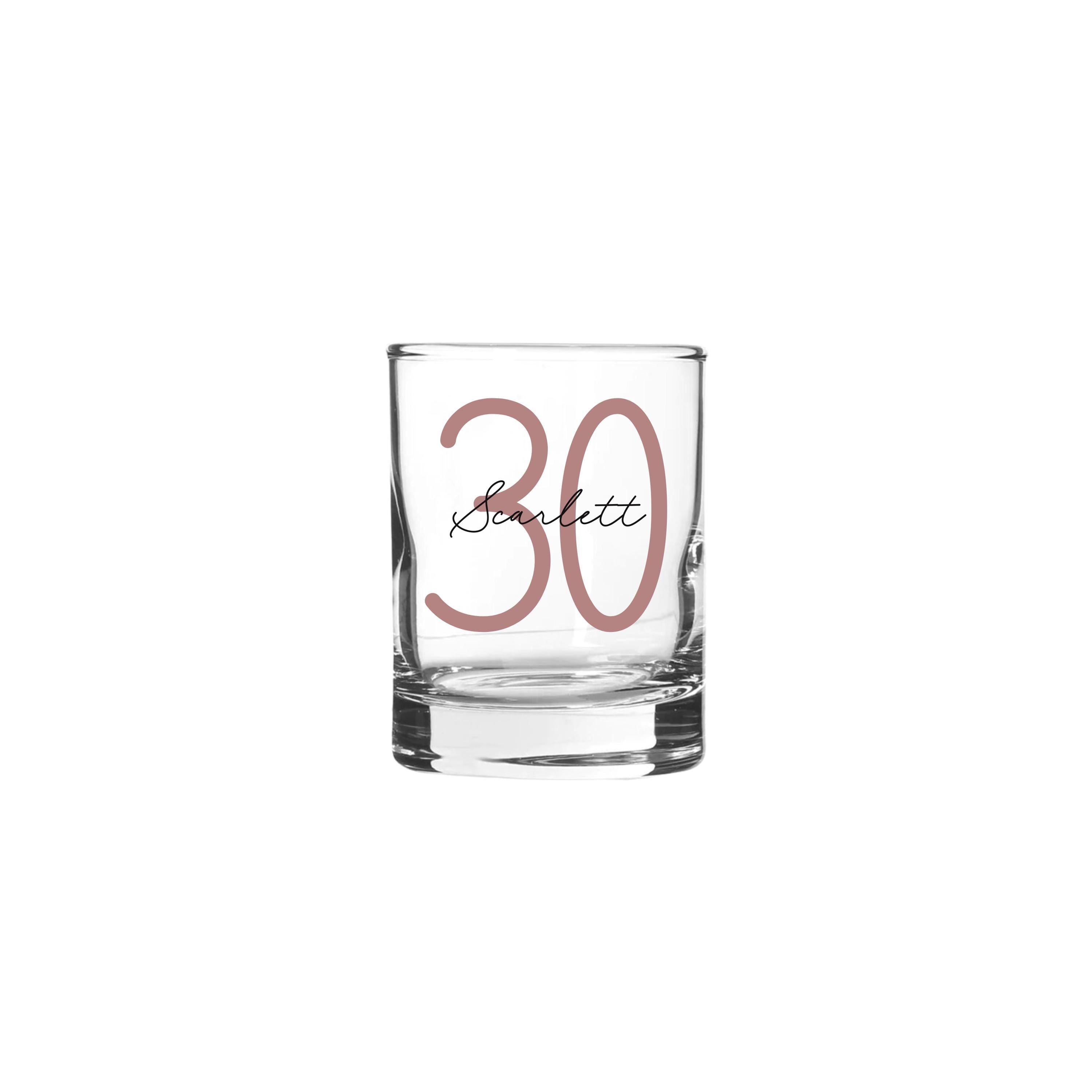 Personalised 65ml shot glass with rose gold number 30 and name Scarlett, custom 30th birthday gift for her or him, unique milestone personalised gift Australia