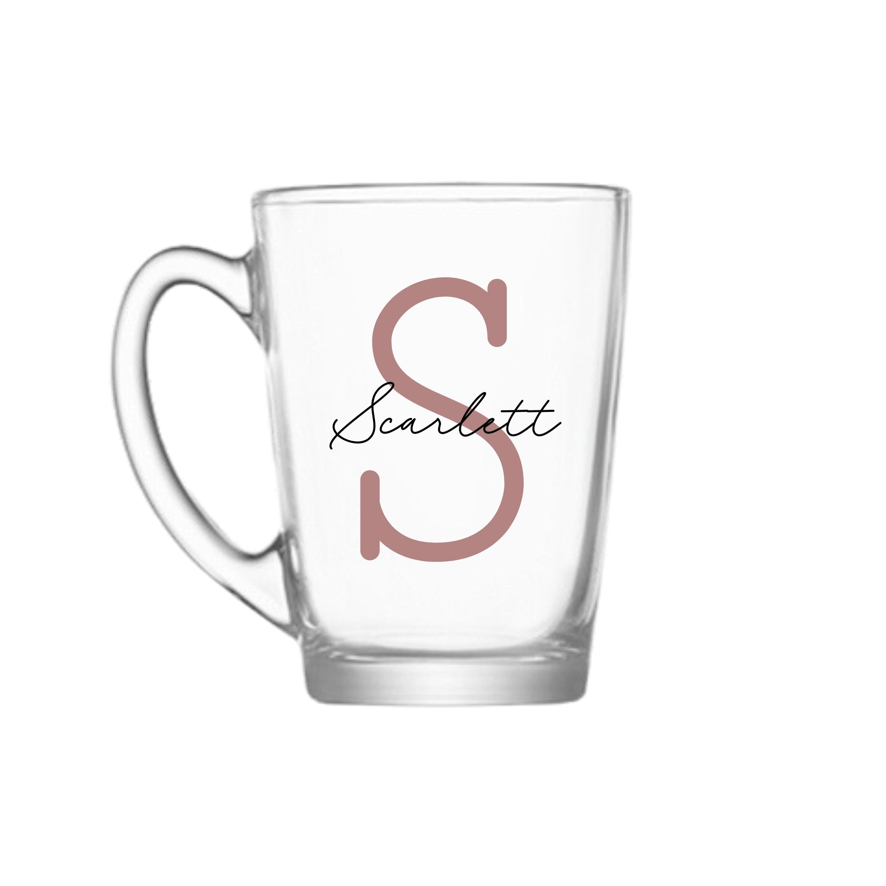 Personalised glass mug with rose gold letter S and name Scarlett, handmade birthday gift for her or him, custom co-worker or office gift Australia
