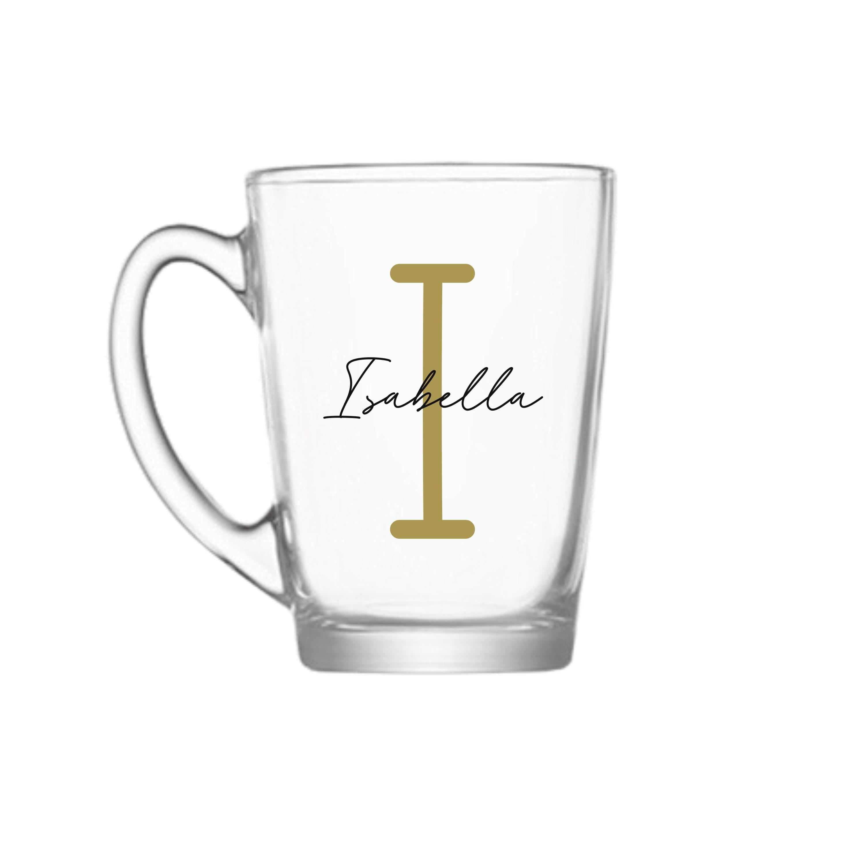 Personalised glass mug with gold letter I and name Isabella, unique handmade birthday gift for her or him, personalised co-worker or office gift Australia
