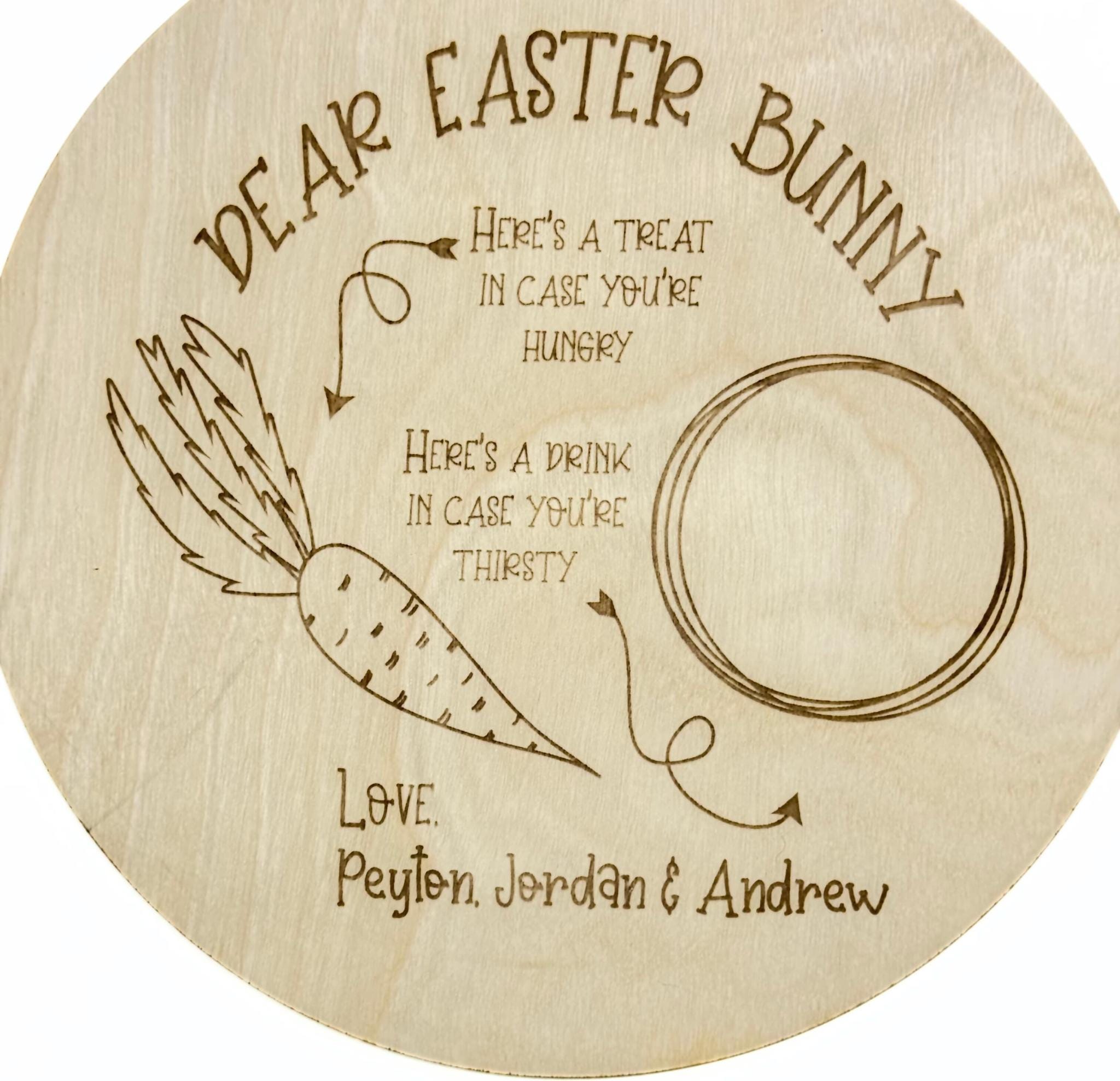 Personalised wooden Easter Bunny treat board with engraved food and drink sections – custom gift with names Peyton, Jordan & Andrew.