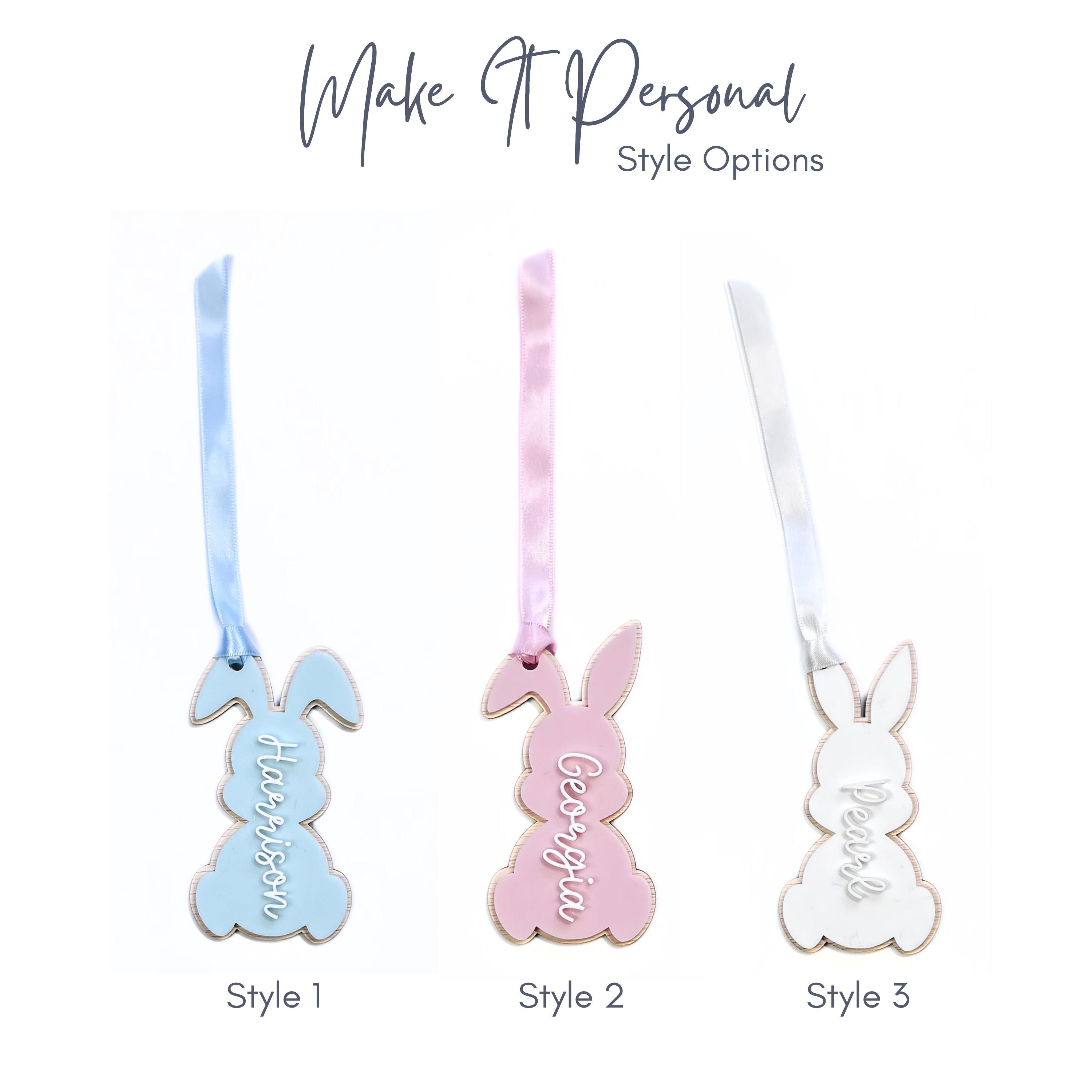 Three custom Easter bunny name tags labelled Style 1, Style 2, and Style 3 – personalised pastel acrylic tags with names Harrison, Georgia, and Pearl.