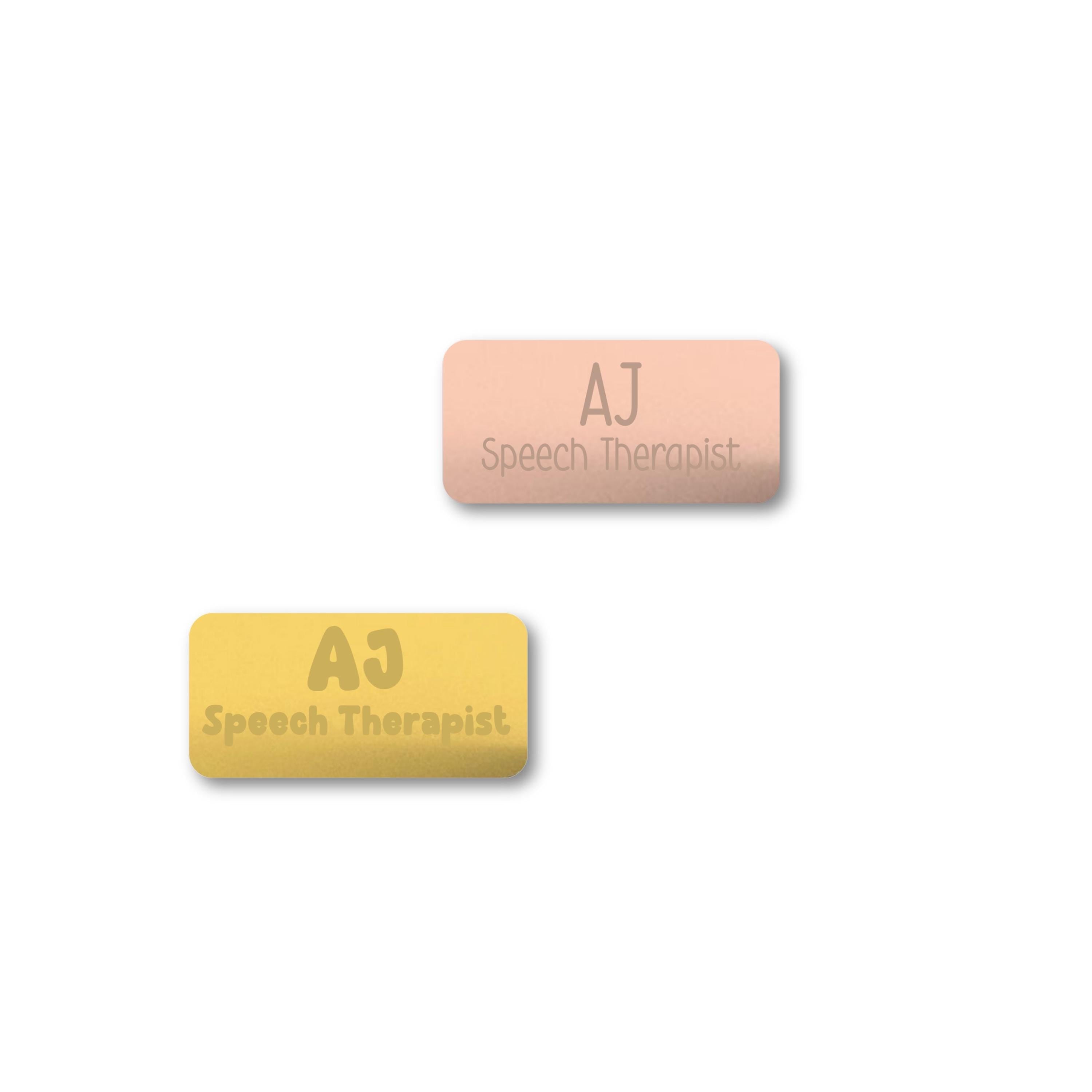 Gold and rose gold mirrored name tags for speech therapists on white background