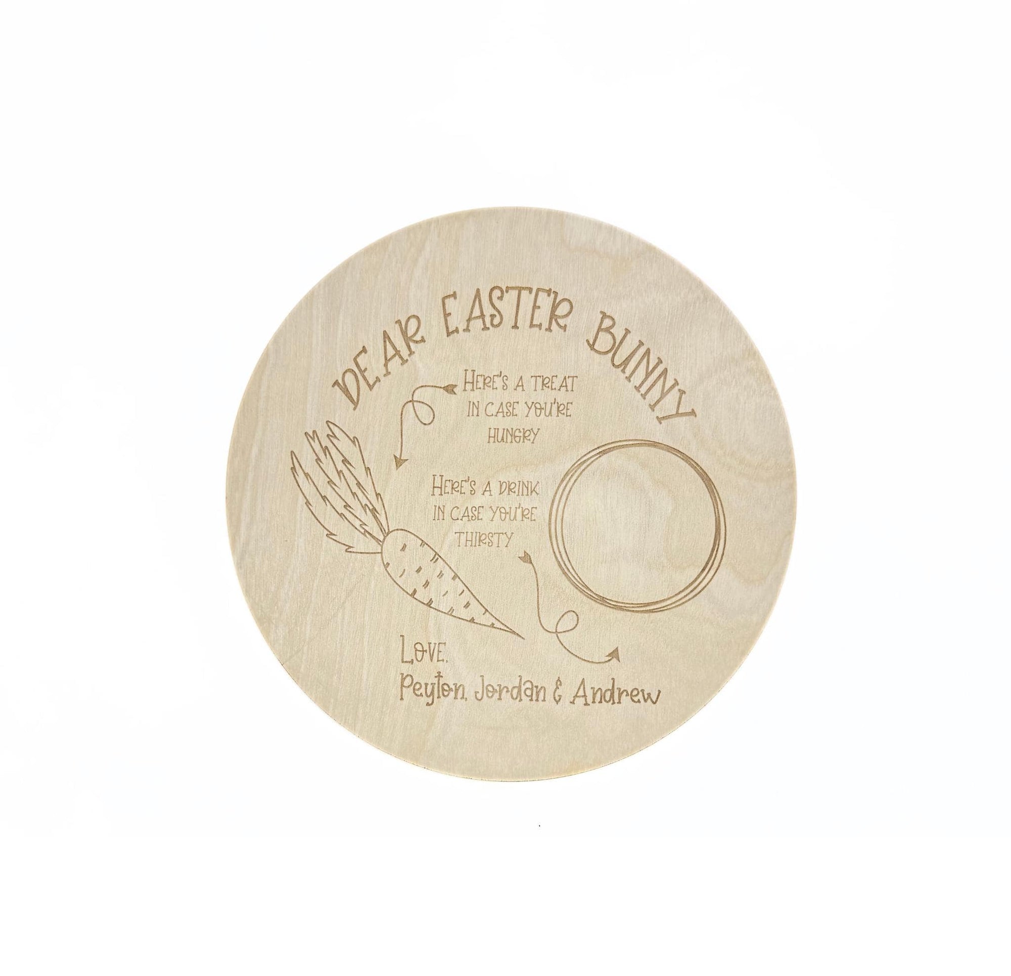 Engraved wooden Easter Bunny treat board with space for a drink and snack – personalised with names Peyton, Jordan & Andrew.