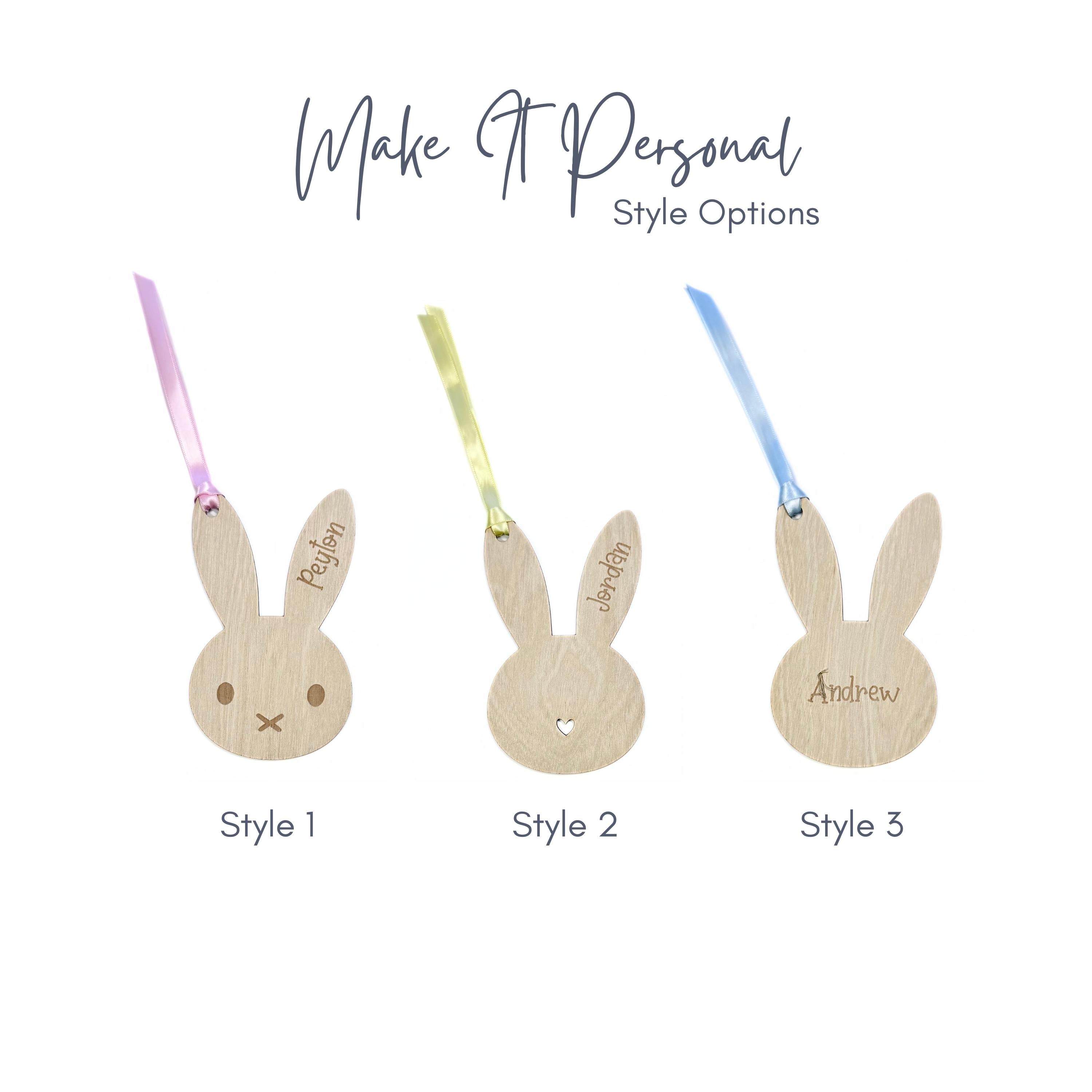 Set of three engraved wooden bunny face name tags in styles 1–3 with pastel ribbons – personalised Easter tag options for Peyton, Jordan, and Andrew.
