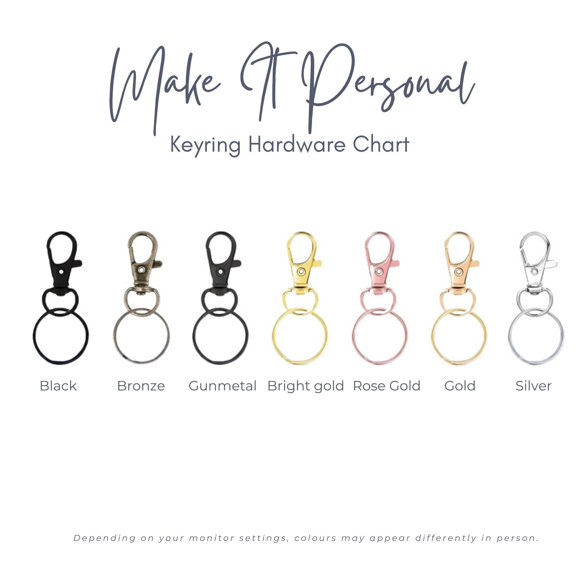 Keyring hardware chart showing black, bronze, gunmetal, bright gold, rose gold, gold and silver colour options.