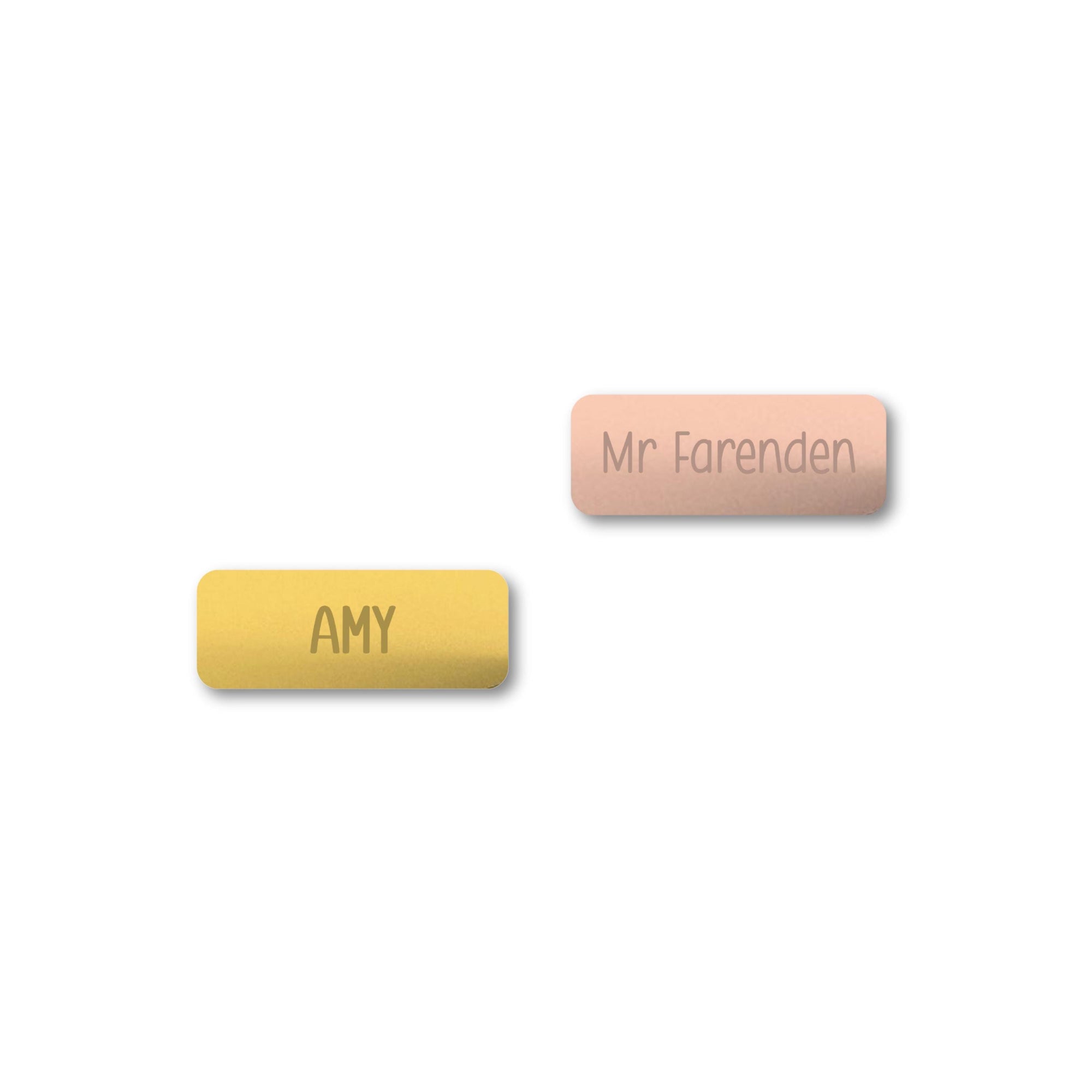 Personalised badges for Amy and Mr Farenden in gold and rose gold mirrored acrylic