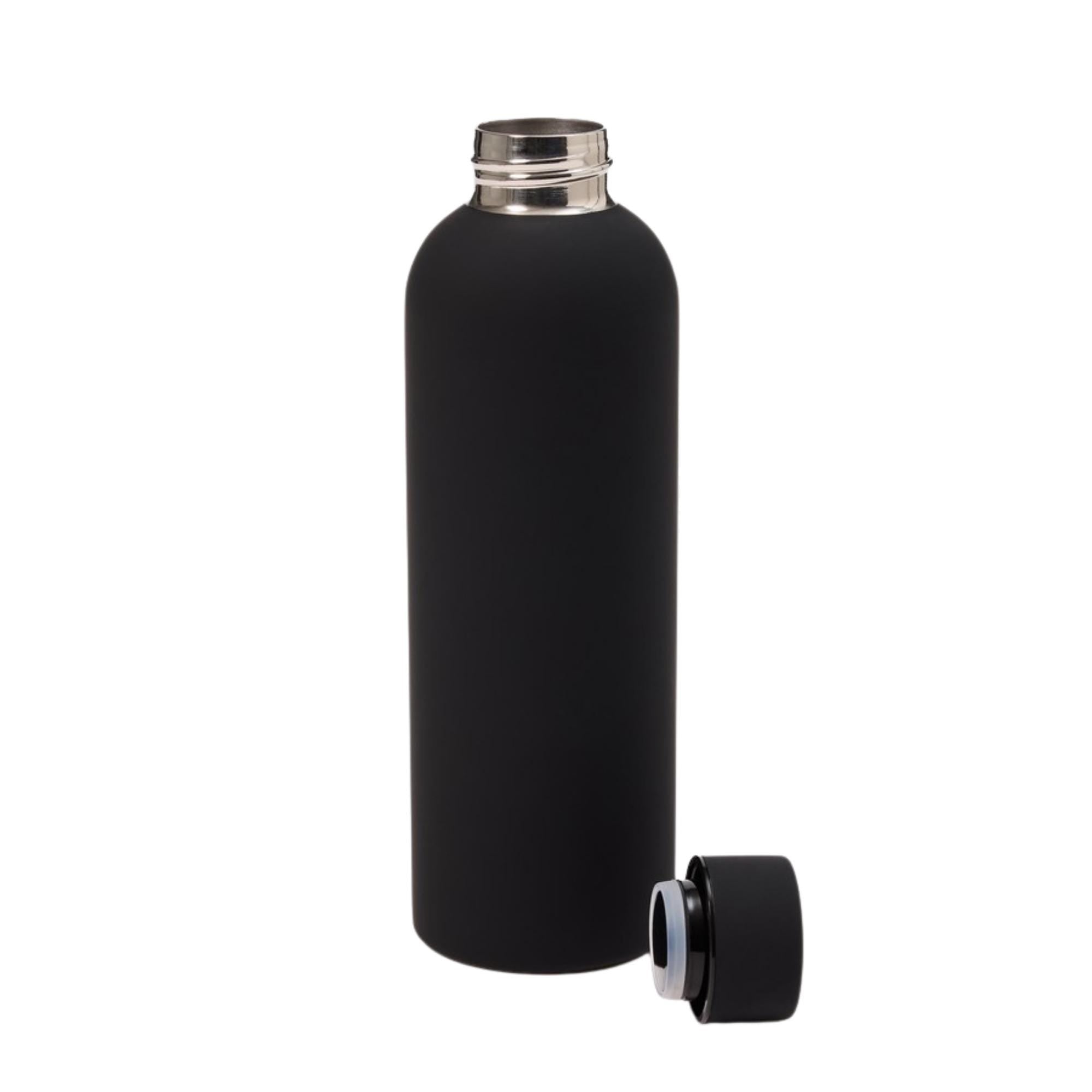 Black water bottle with silver cap on a white background