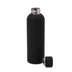 Black water bottle with silver cap on a white background
