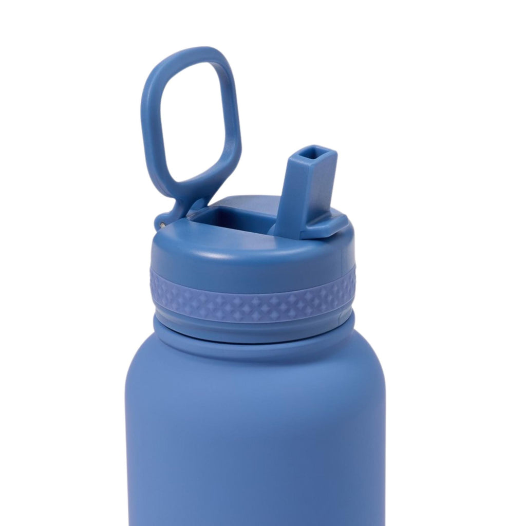 Blue water bottle with a lid on a white background