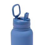 Blue water bottle with a lid on a white background