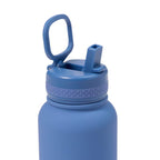 Blue water bottle with a lid on a white background