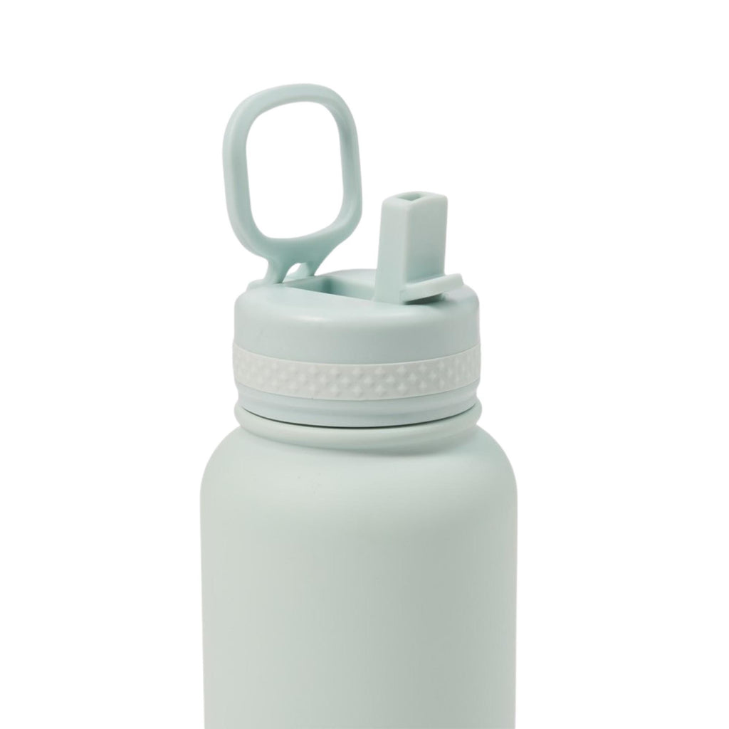 Light green water bottle with a lid on a white background