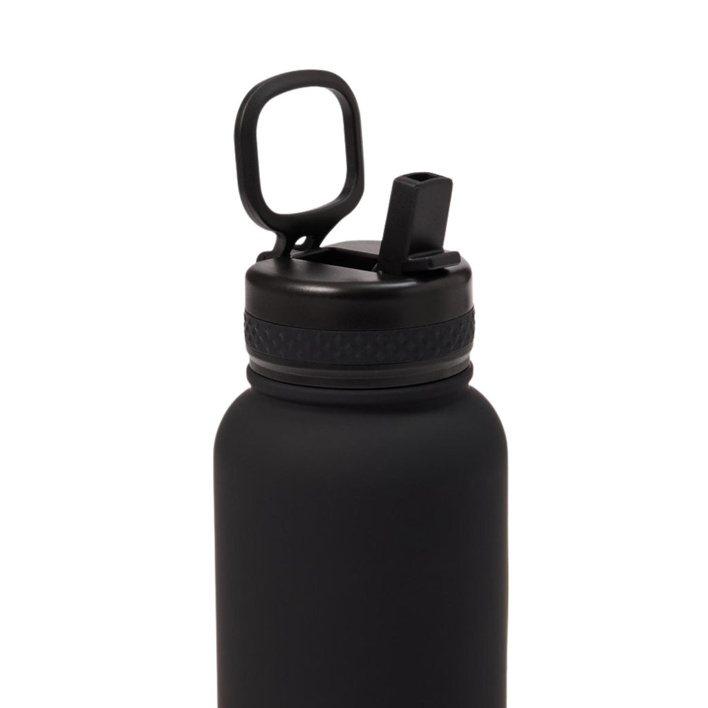 Black water bottle with a carabiner on a white background