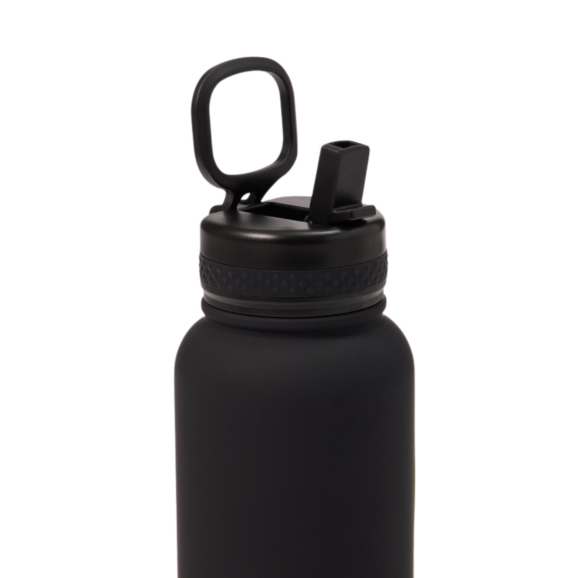 Black water bottle with a carabiner on a white background
