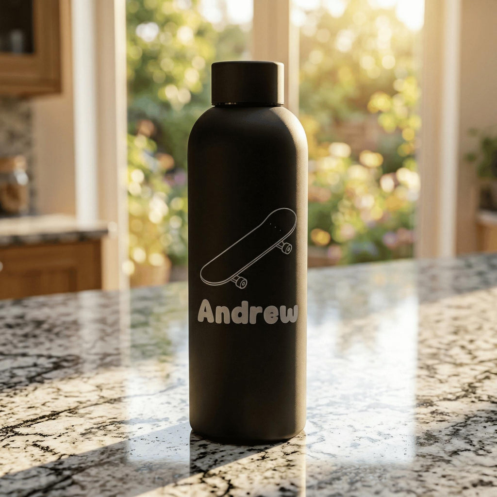 Black water bottle with 'Andrew' and a skateboard design on a marble countertop.