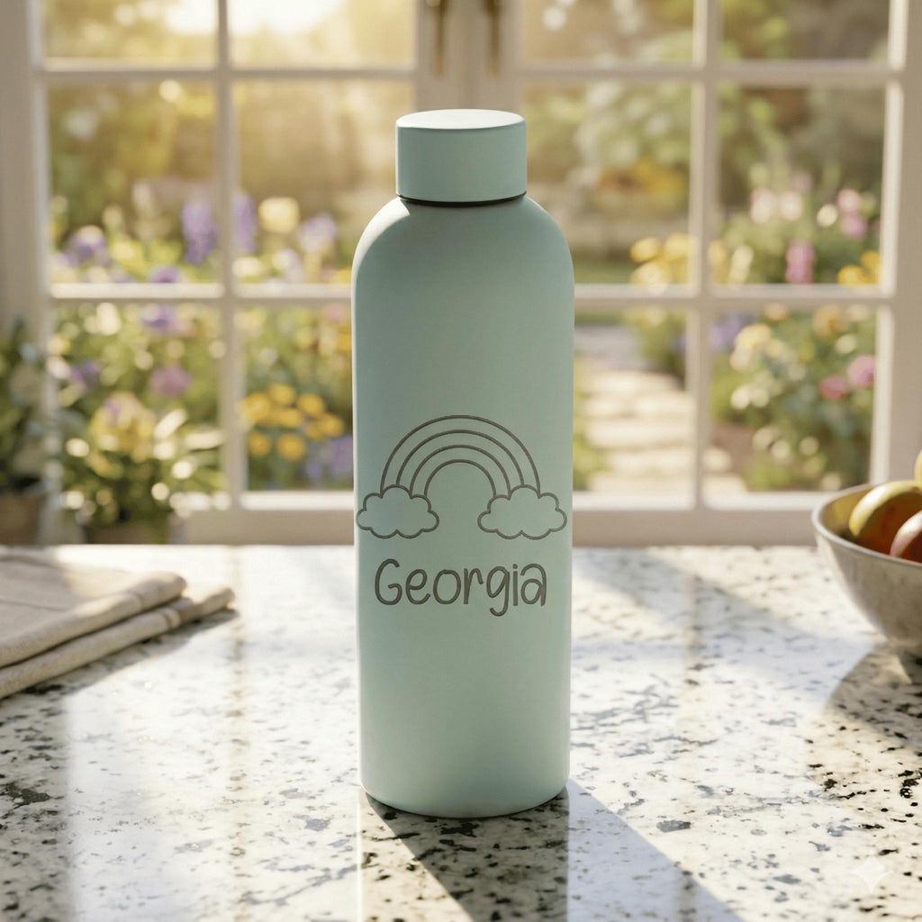 Light green water bottle with 'Georgia' and rainbow design on a kitchen counter