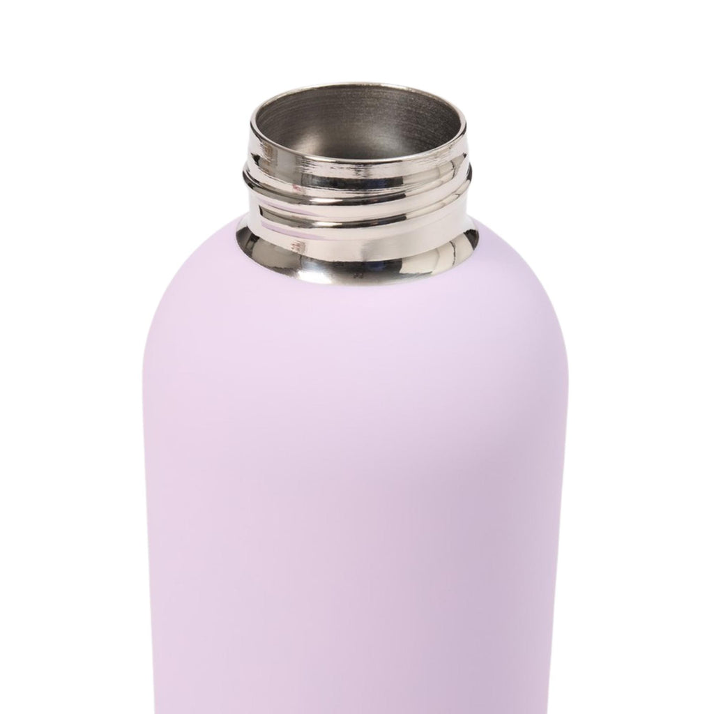 Purple water bottle with silver cap on a white background