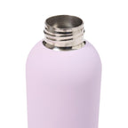 Purple water bottle with silver cap on a white background
