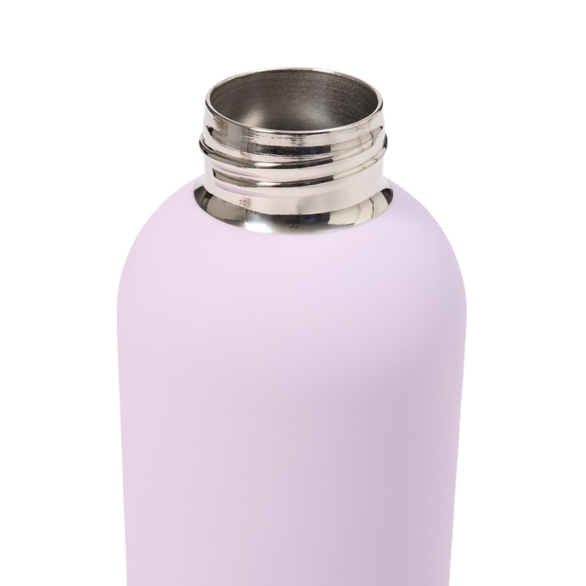 Purple water bottle with silver cap on a white background