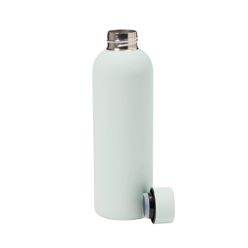 Mint Green water bottle with silver cap on a white background