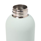 Mint green water bottle with silver cap on a white background