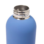 Blue water bottle with silver cap on a white background