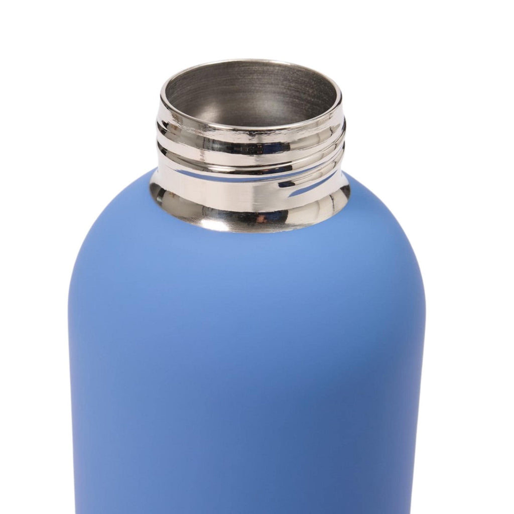 Blue water bottle with silver cap on a white background