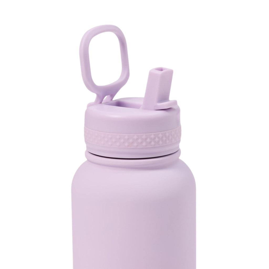 Purple water bottle with a straw lid on a white background