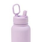 Purple water bottle with a straw lid on a white background