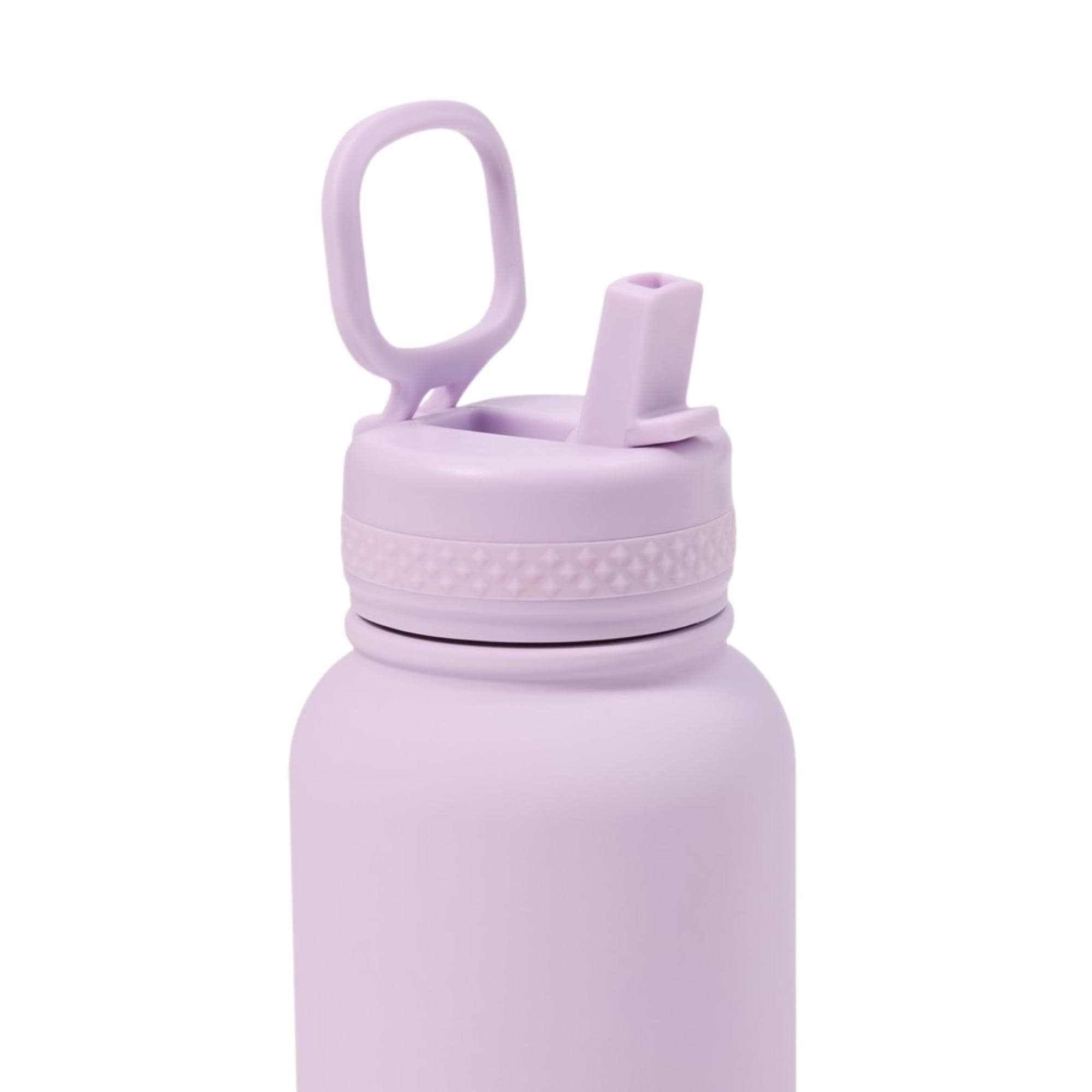 Purple water bottle with a straw lid on a white background